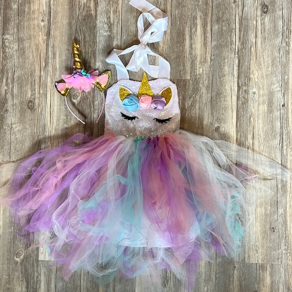 Rainbow Unicorn Costume For Girls With Headband Medium (7/8) - Picture 1 of 3